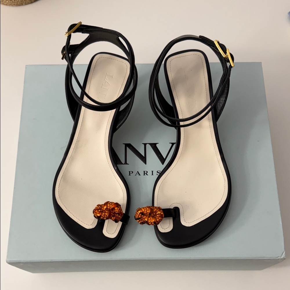 Lanvin Black Sandals with Amber Crystal Toe Accents